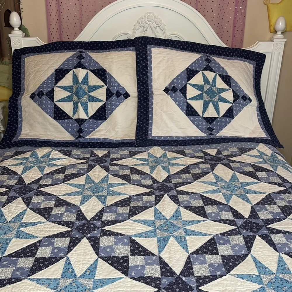 Vintage Quilt Patchwork Vintage Pattern Star Hand Crafted Handmade Blue White
